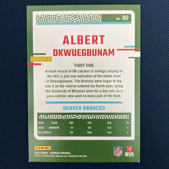 Albert Okwuegbunam “23 Panini Donruss Blue Press Proof Broncos NFL Football Card - Picture 2 of 2